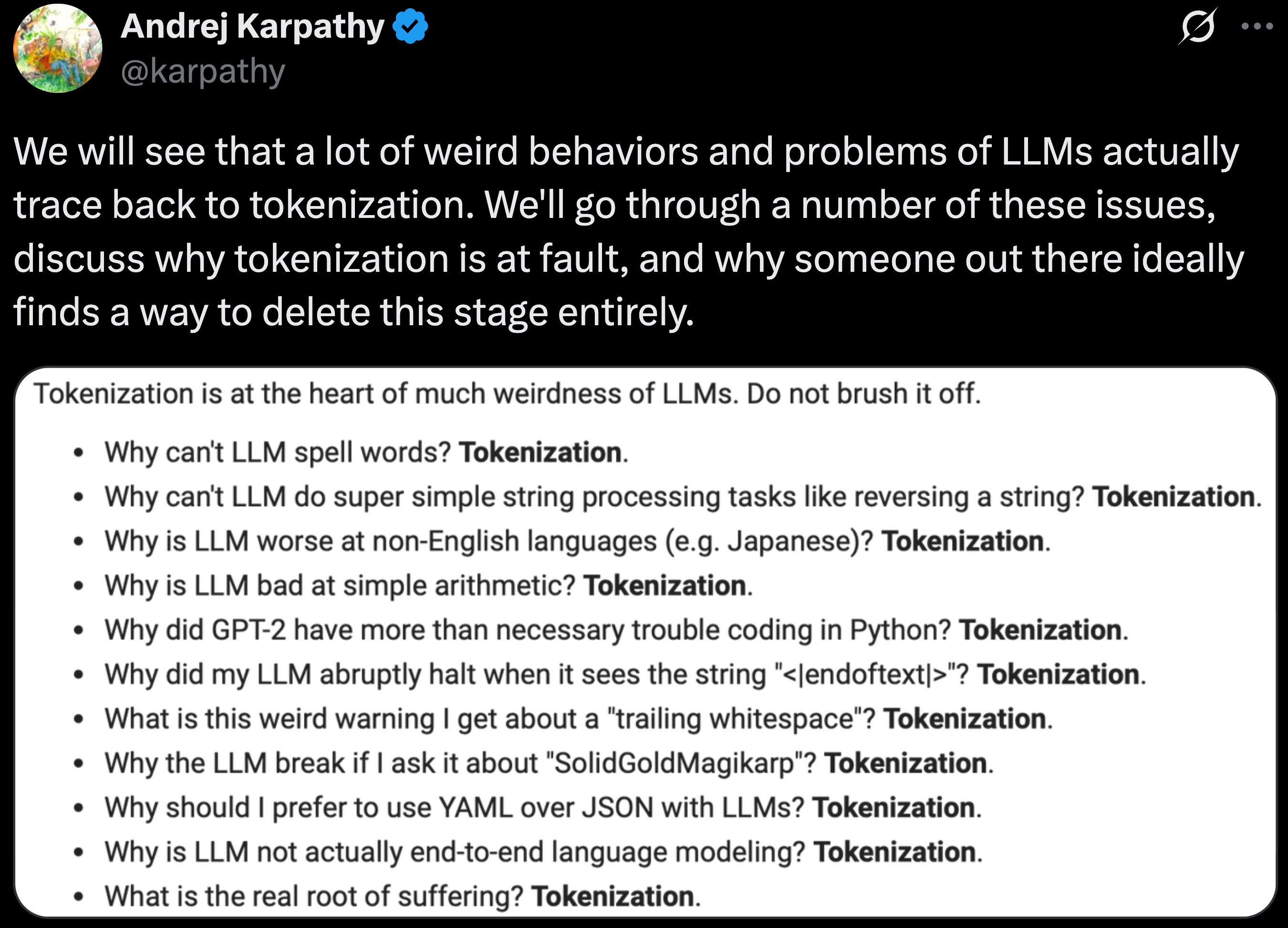 Andrej Karpathy hating on tokenziation. image taken from Gu’s blog post on SSMs vs transformers.