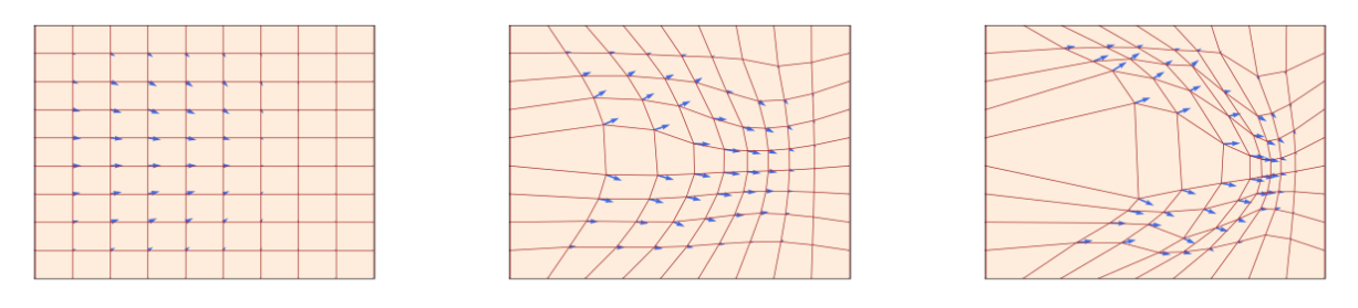 Example of a flow. Each point in the grid is time evolved according to $u$ (which is given by the blue arrows) and tracing out the path of a single point will give you the trajectory over time.